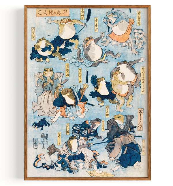 Héros célèbres de la scène Kabuki joués par des grenouilles, une illustration gravée sur bois de grenouilles personnifiées en costume reprenant des scènes de la pièce de théâtre Kabuki (1798-1861)