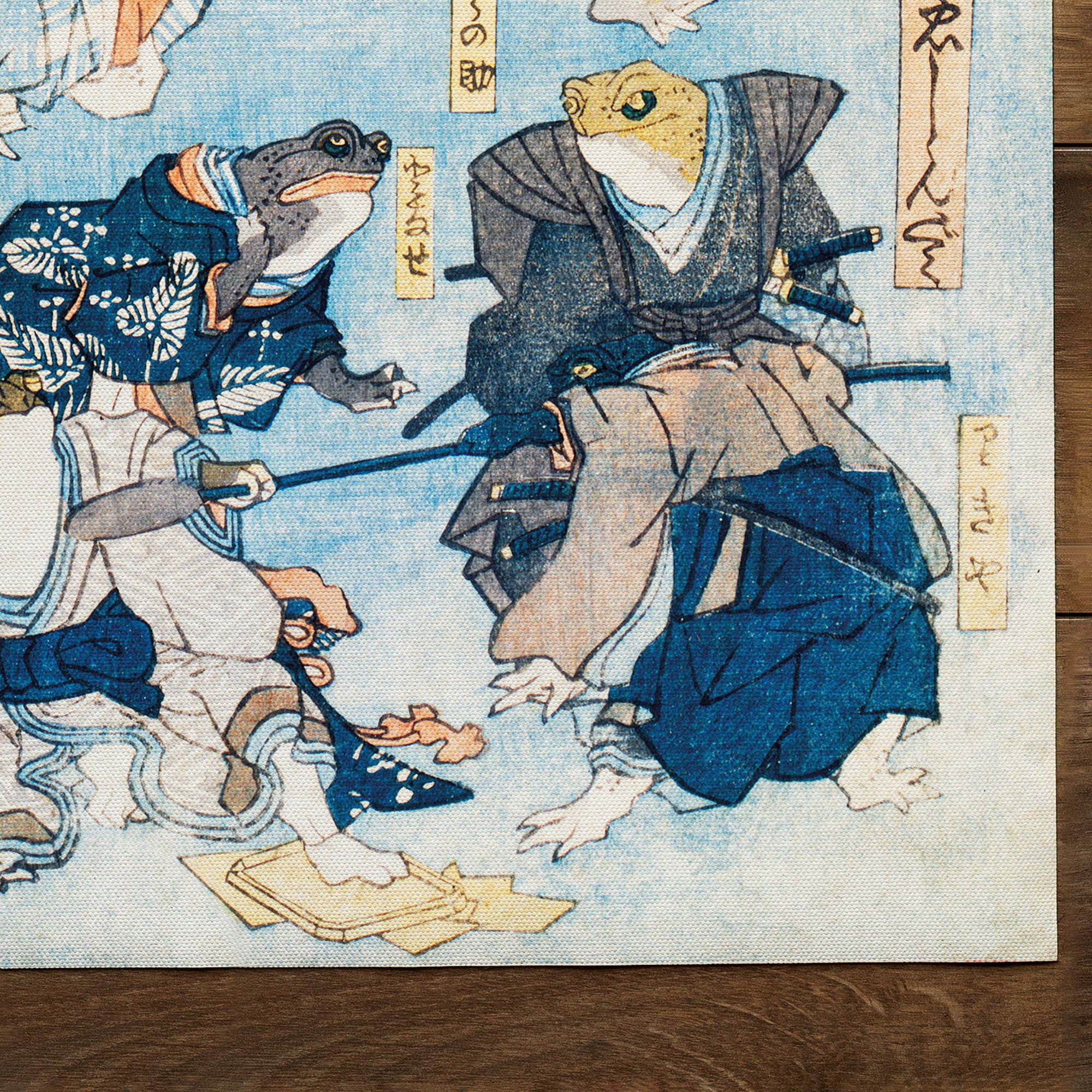 Famous Heroes of the Kabuki Stage Played by Frogs, a woodcut illustration of personified frogs in costume acting out scenes from Kabuki play (1798-1861)